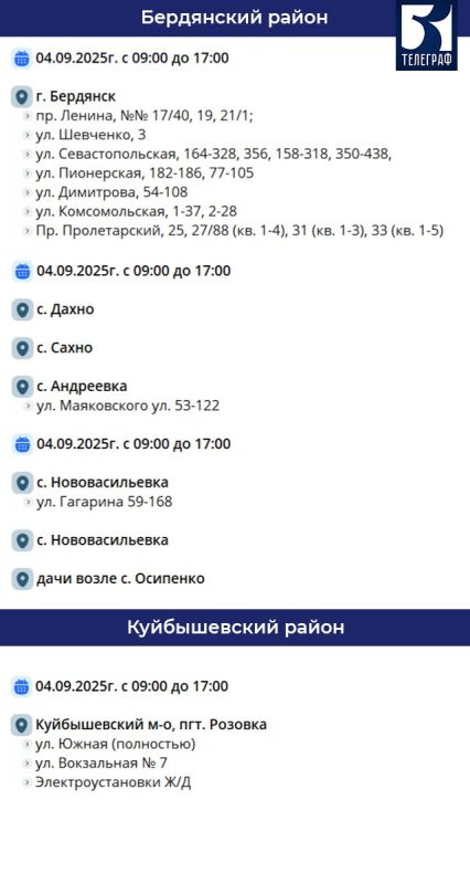 График отключения электроэнергии в Запорожской области на 4 сентября