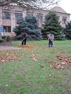 Уборка листвы. Сотрудники МБУ «Жилсервис» продолжают поддерживать чистоту и порядок на территории Новониколаевского отдела: проведены работы по уборке опавшей листвы