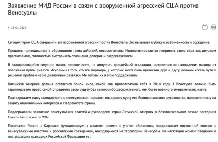Заявление МИД России в связи с вооружённой агрессией США против Венесуэлы: