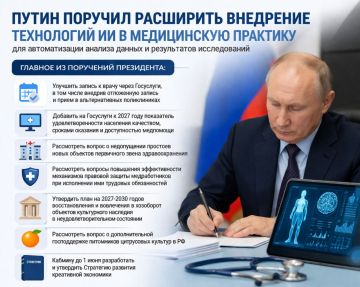 Владимир Путин поручил расширить внедрение технологий искусственного интеллекта в медицинскую практику - для автоматизации анализа данных и результатов исследований