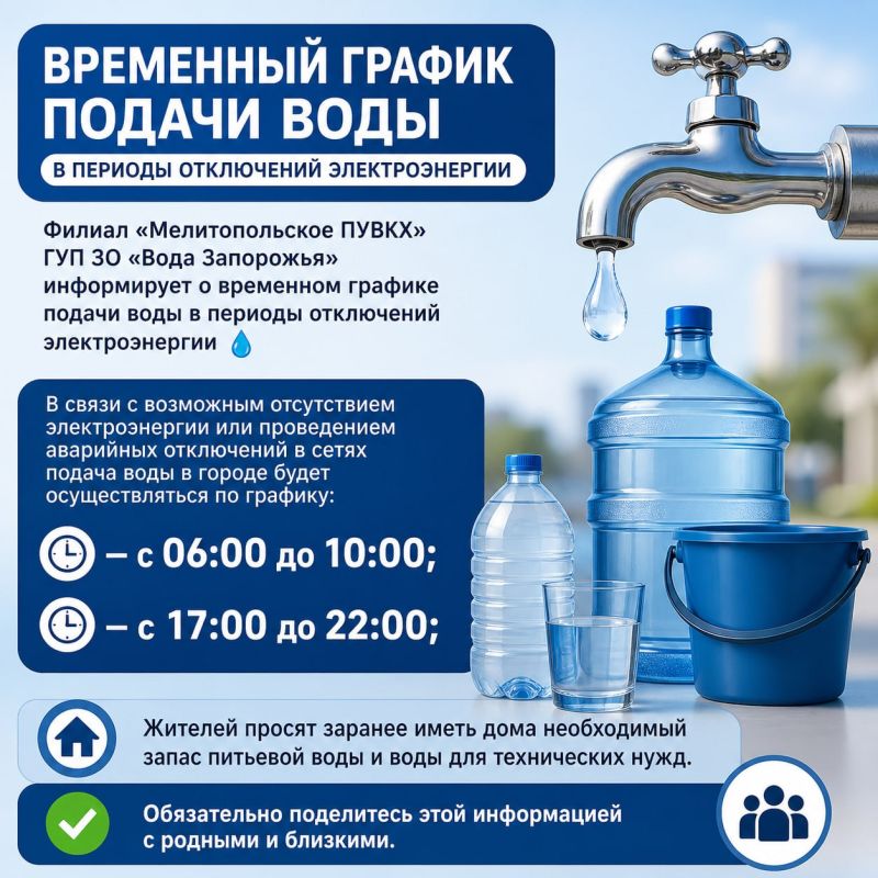 Филиал «Мелитопольское ПУВКХ» ГУП ЗО «Вода Запорожья» информирует о временном графике подачи воды в периоды отключений электроэнергии