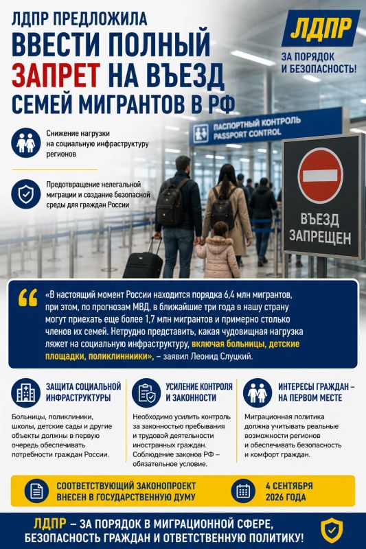 ЛДПР предложила ввести полный запрет на въезд семей мигрантов в Россию