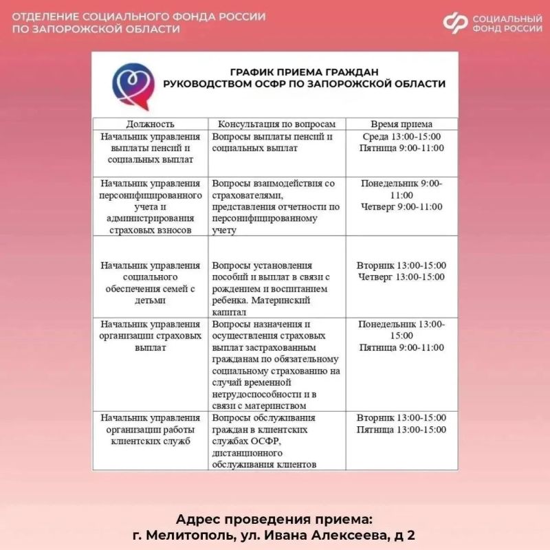 График приема руководства регионального отделения СФР граждан из Запорожской области